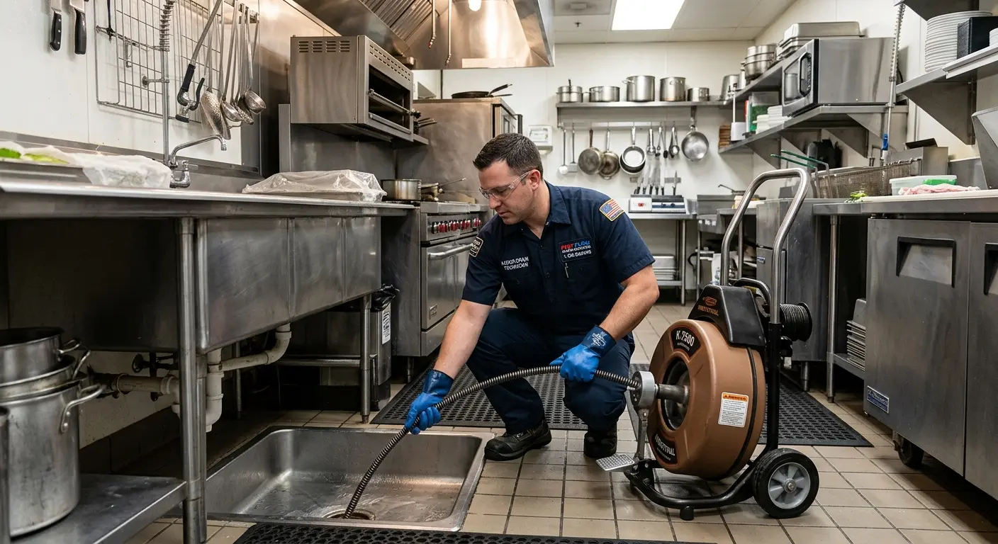 Commercial drain cleaning service in a restaurant kitchen in Trinity