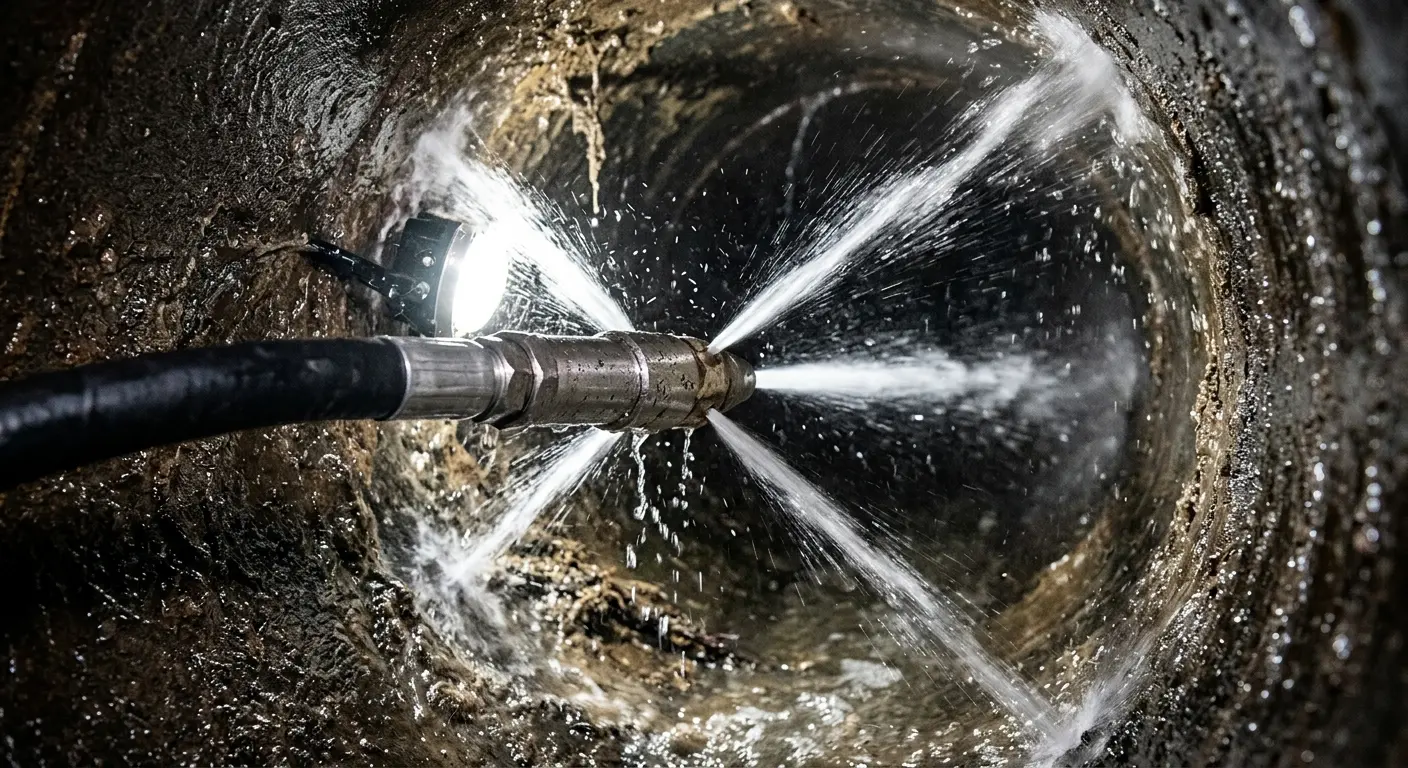 High-pressure hydro jetting nozzle cleaning sewer pipe for Trenchless Sewer Repair in Trinity